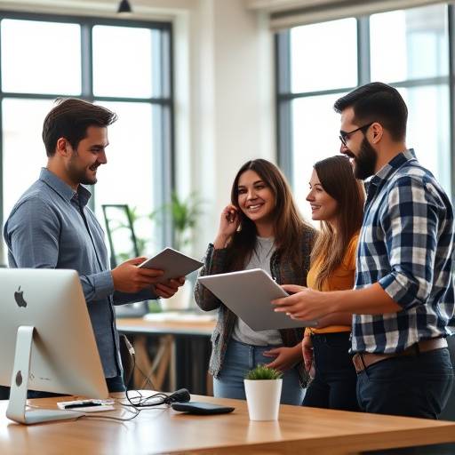 Foto da equipe de uma startup de tecnologia no escritório, demonstrando um ambiente de trabalho moderno e colaborativo.