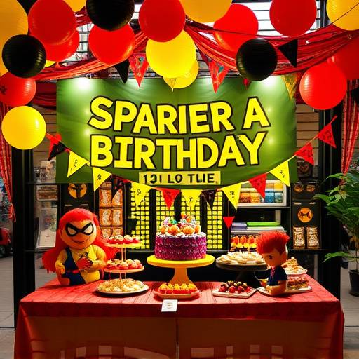 Fotografia da decoraäão vibrante de uma festa de aniversário infantil com tema de super-heróis em um buffet na Barra da Tijuca.