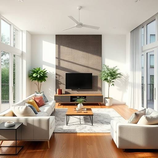 Fotografia de sala de estar decorada para anüncio imobiliário.