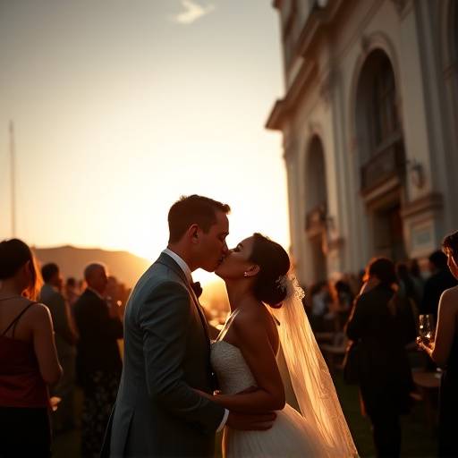 Fotografia do momento do beijo dos noivos na Igreja da Candelária.