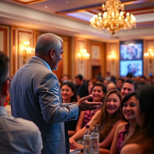 Imagem de um palestrante motivacional interagindo com o püblico em um evento corporativo no Hotel Copacabana Palace.