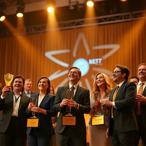Premiaäão de melhores funcionários no evento anual da empresa.