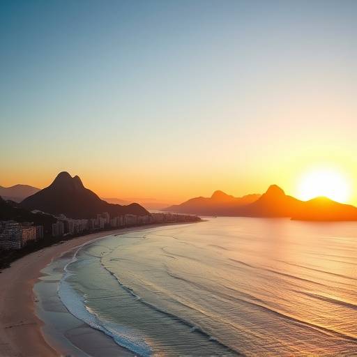Vista panorâmica da Praia de Ipanema ao entardecer, com o icônico Morro Dois Irmãos emoldurando a paisagem.